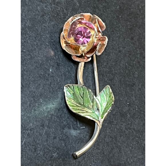 Vintage Avon Rose Flower Brooch Pin Ruby Red Rhinestone Silver Tone - Picture 1 of 5